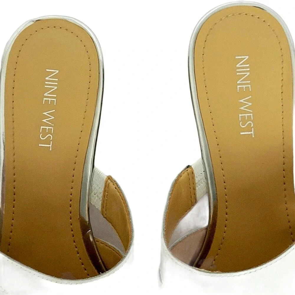 Nine West Womens White Leather‎ Silver Wedge Mules Sandals Shoes Size 7M